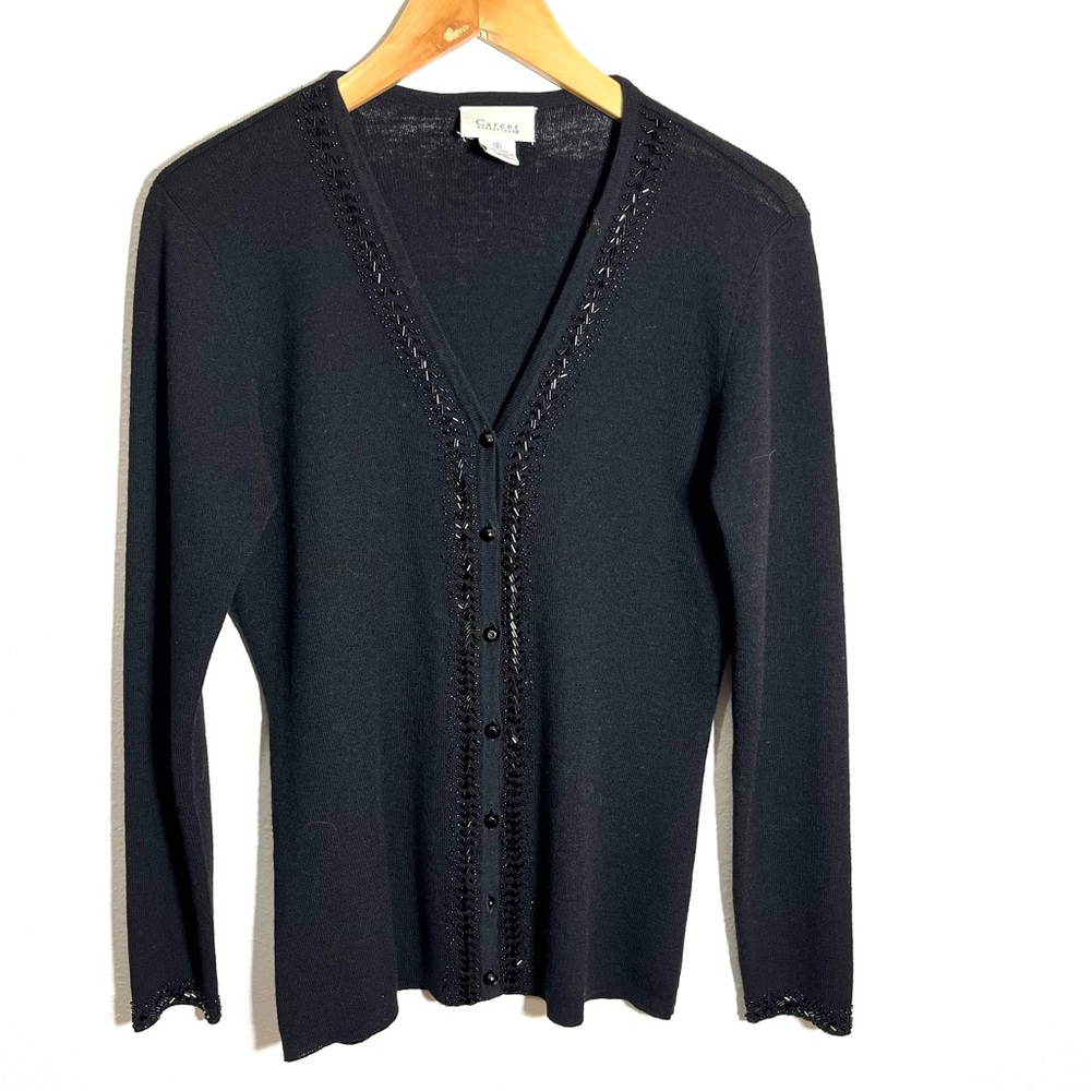 vintage 90s 100% wool Black V-Neck Cardigan Sweater beaded trim sz S button fron